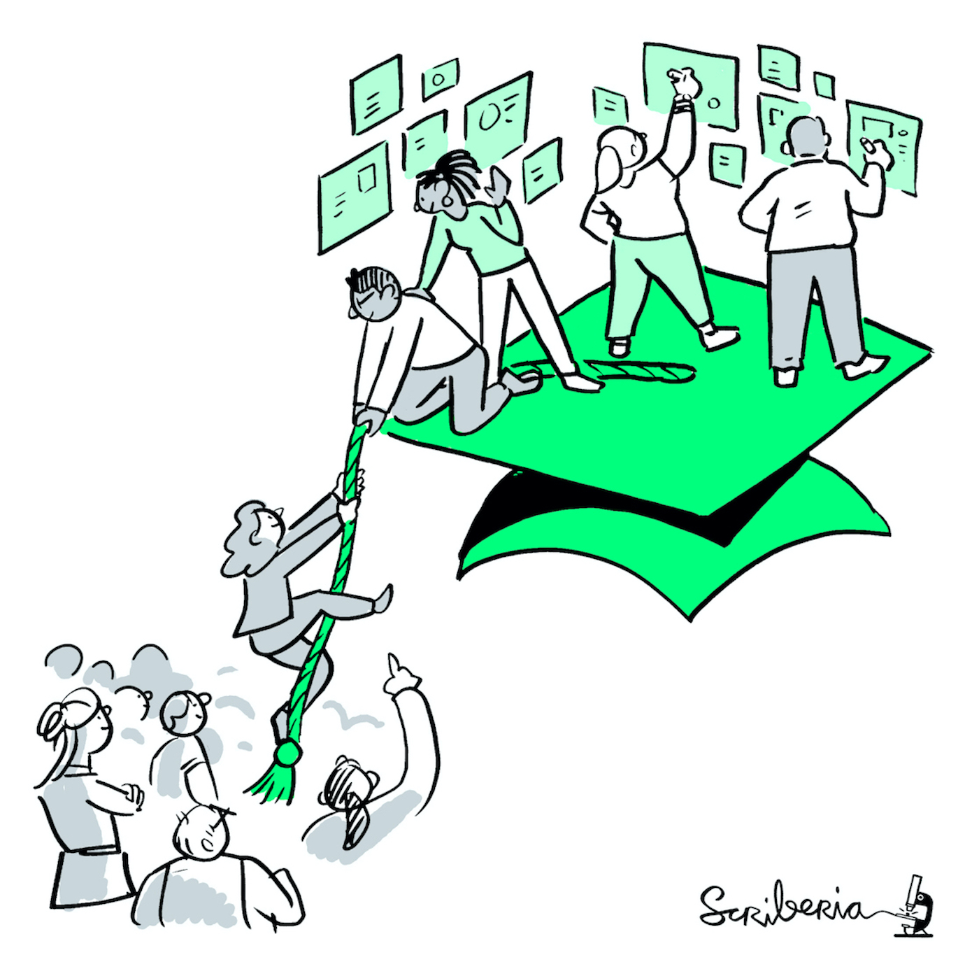 An illustration of many people standing on an academic platform. Some of them are helping other people join them in working together.